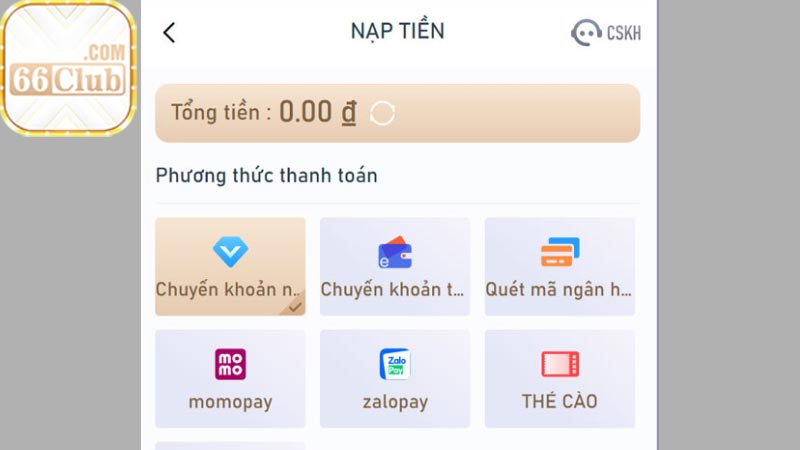 Cách Nạp tiền 66club siêu tốc, có tiền liền trong tài khoản